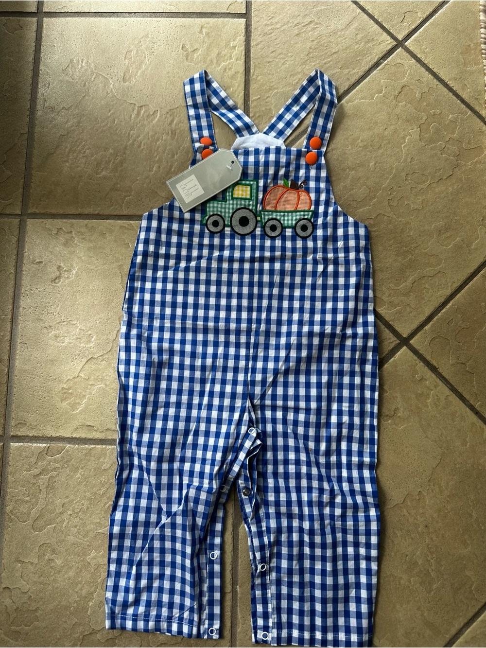 NWT Lil Cactus, size 2T.Blue Gingham Kids Overalls with Pumpkin Tractor Applique